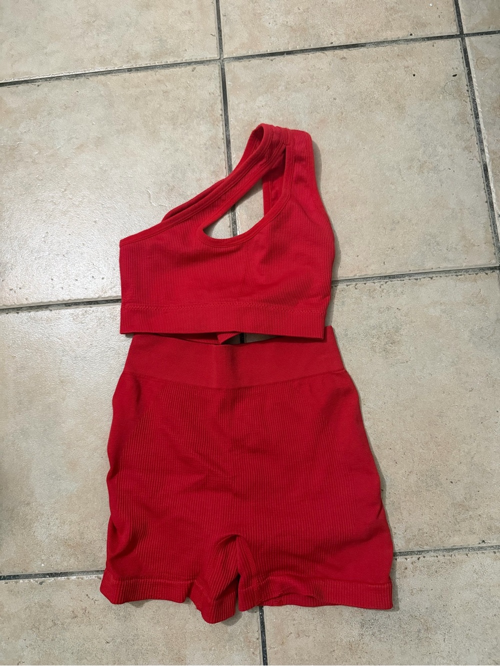 Red Ribbed women Bike Shorts and Asymmetrical Crop Top Set